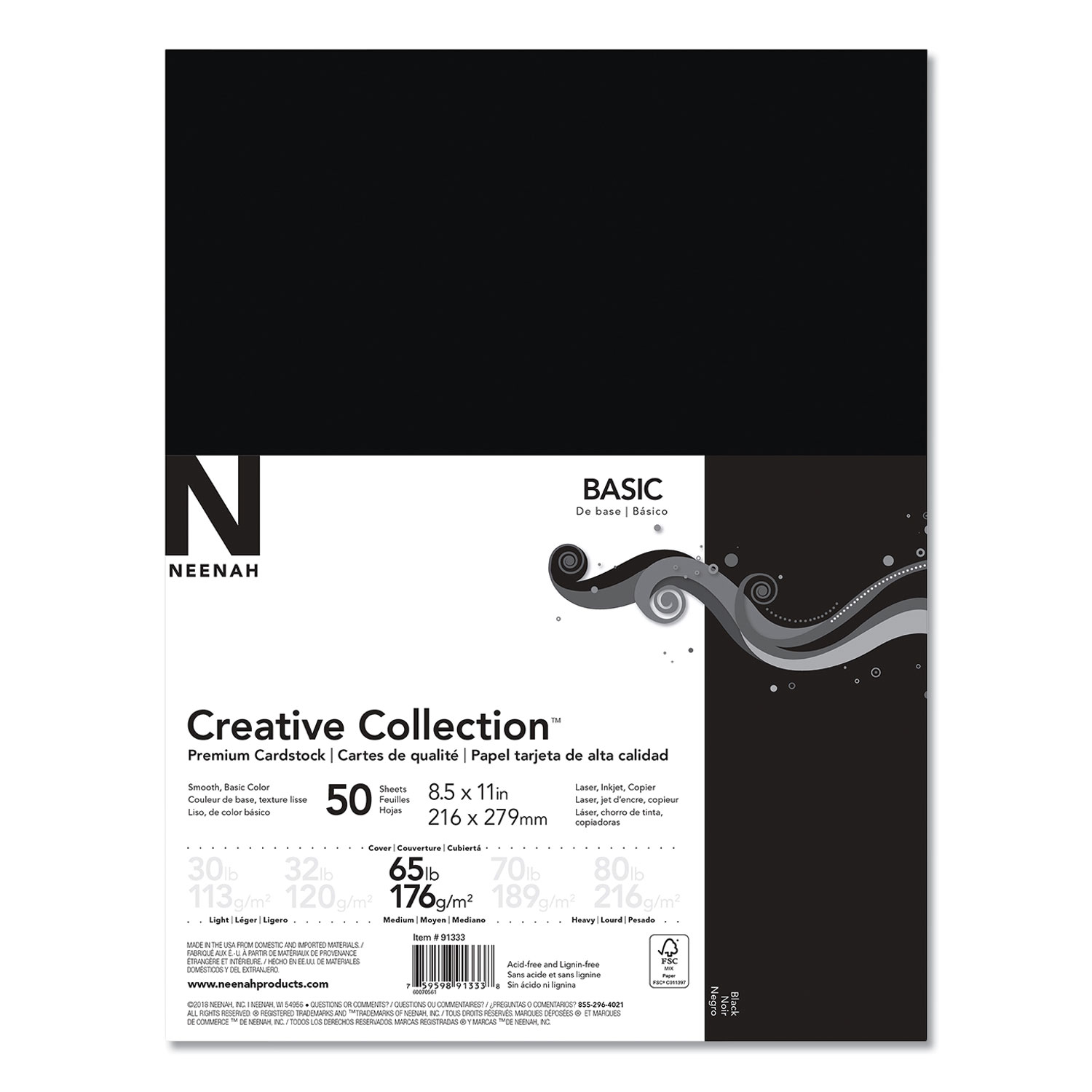 Neenah Paper 91333 Creative Collection Premium Cardstock, 65 lb, 8.5 x 11, Black, 50/Pack (NEE24374455) 