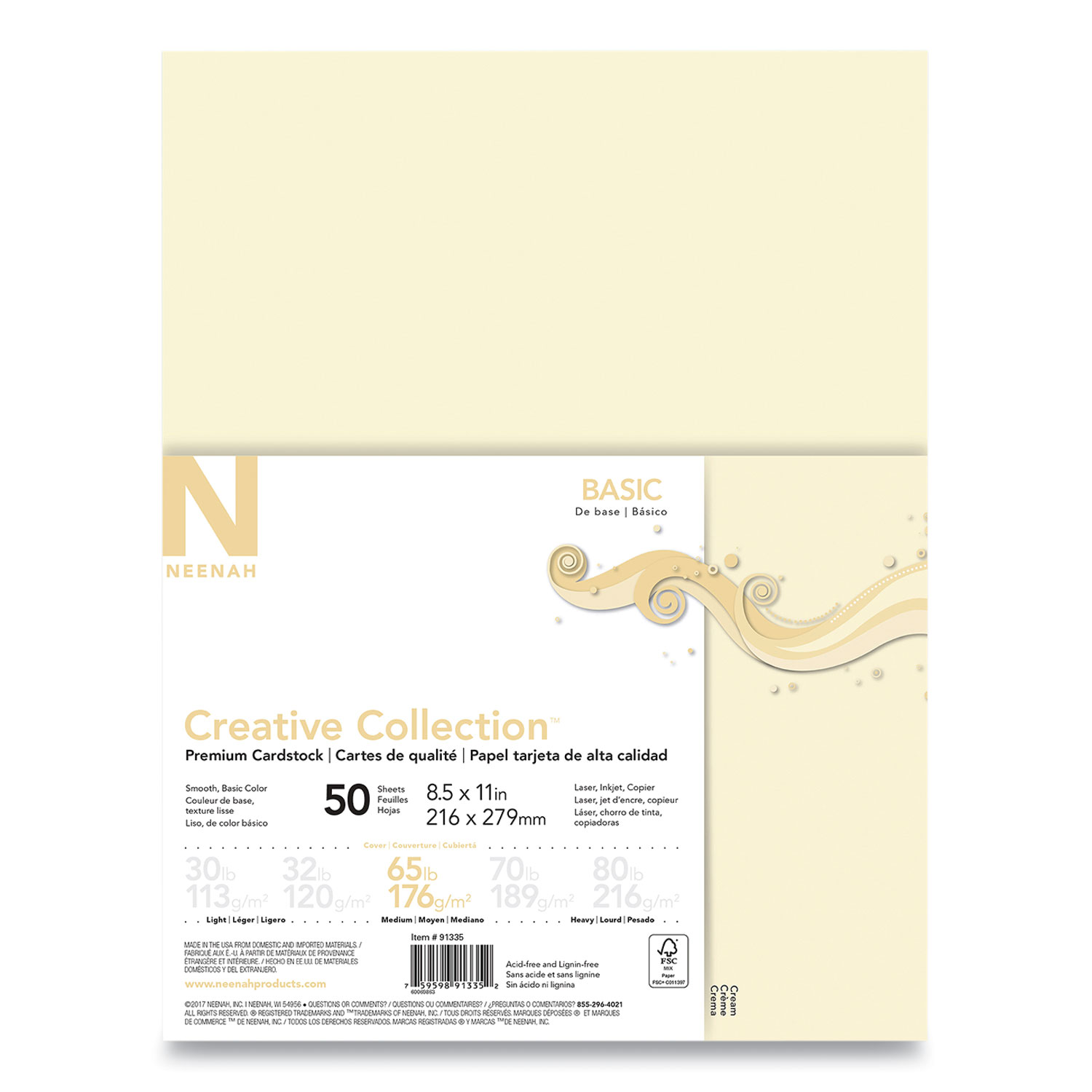 Neenah Paper Creative Collection Premium Cardstock, 65 lb, 8.5 x 11, Cream, 50/Pack
