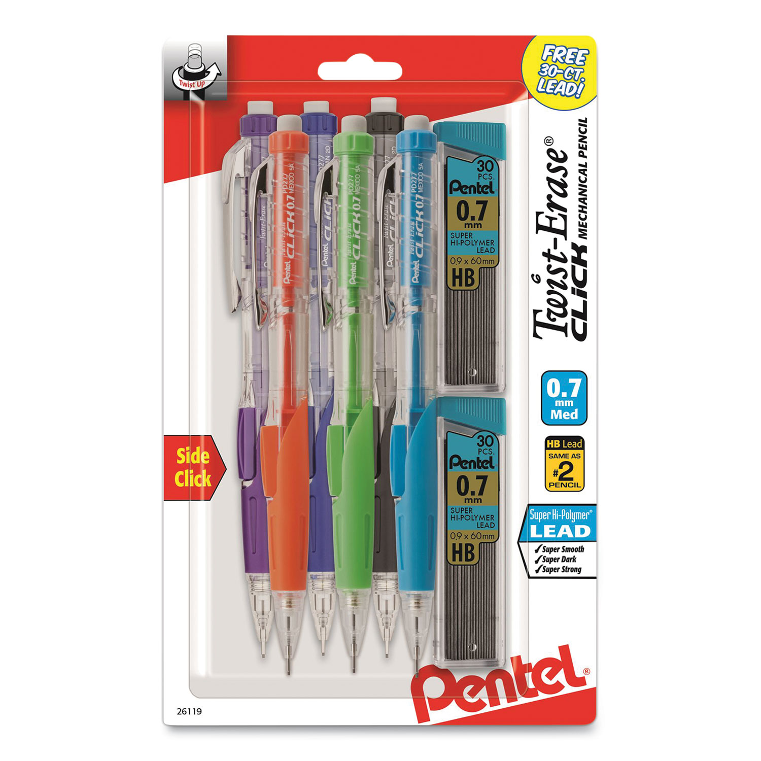  Pentel PD277TLBPS6M Twist-Erase CLICK Mechanical Pencil, 0.7 mm, HB (#2.5), Black Lead, Assorted Barrel Colors, 6/Pack (PEN1625190) 