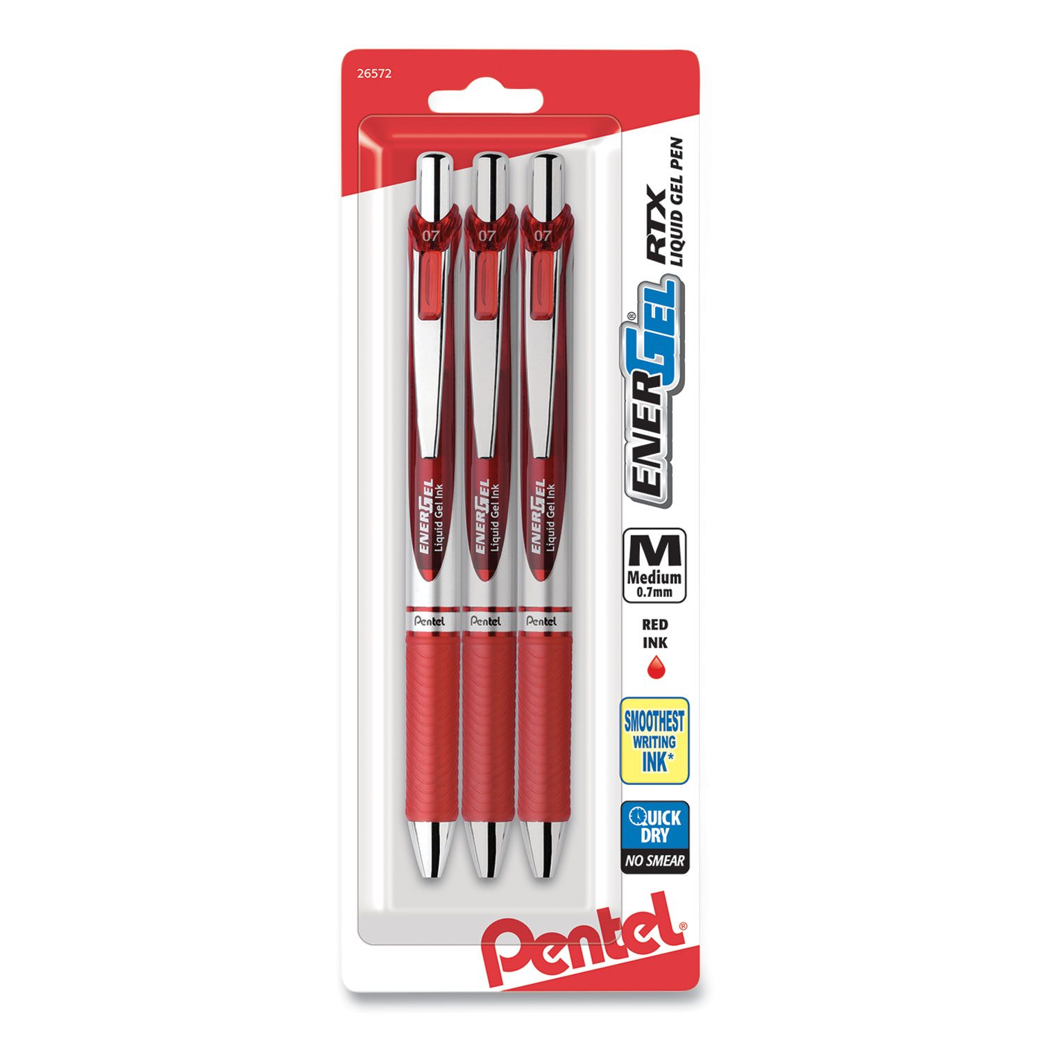 Pentel® EnerGel RTX Retractable Gel Pen, Medium 0.7 mm, Red Ink/Barrel, 3/Pack
