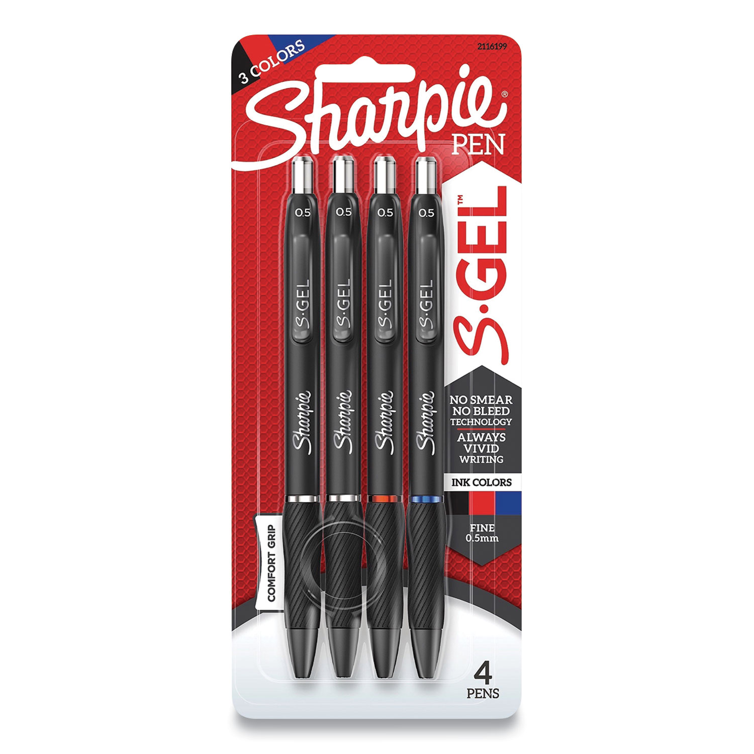  Sharpie S-Gel 2116199 S-Gel Retractable Gel Pen, Fine 0.5 mm, Assorted Ink, Black Barrel, 4/Pack (SAN24424395) 