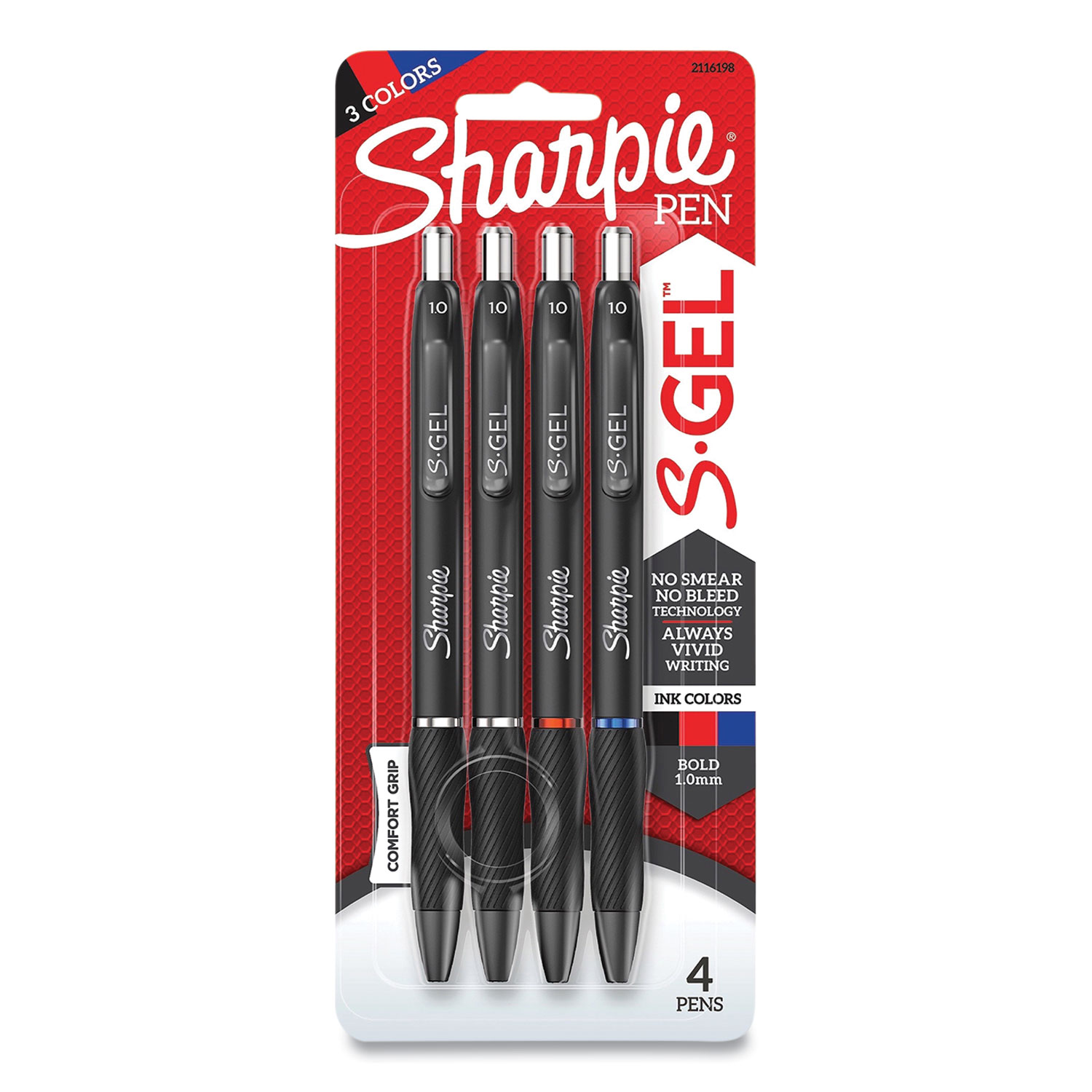 Sharpie® S-Gel™ S-Gel Retractable Gel Pen, Bold 1 mm, Assorted Ink, Black Barrel, 4/Pack