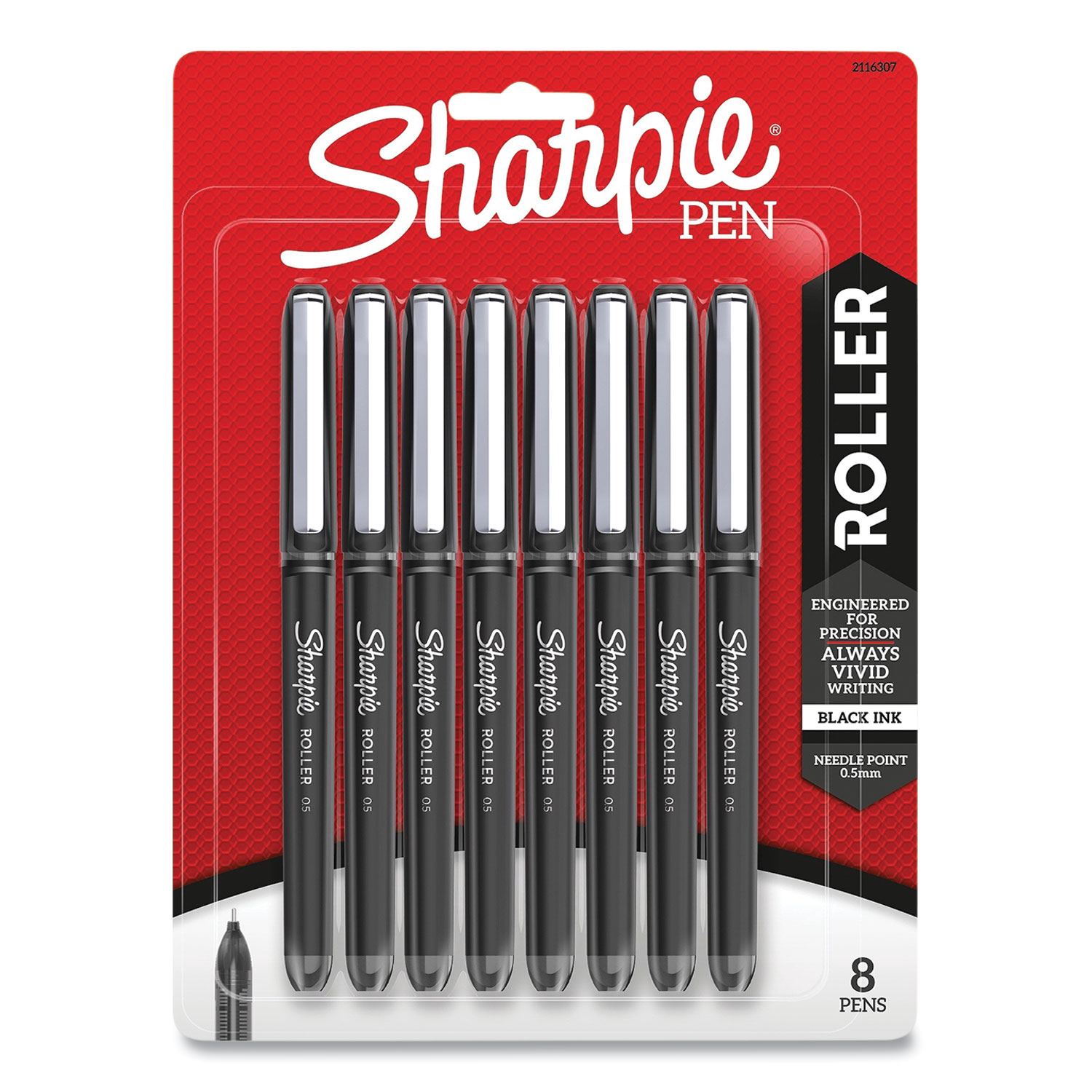 Sharpie® Roller Roller Ball Stick Pen, Fine 0.5 mm, Black Ink/Barrel, 8/Pack