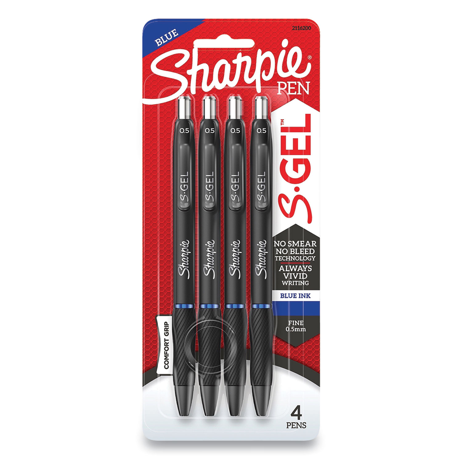 Sharpie® S-Gel™ S-Gel Retractable Gel Pen, Fine 0.5 mm, Blue Ink, Black Barrel, 4/Pack