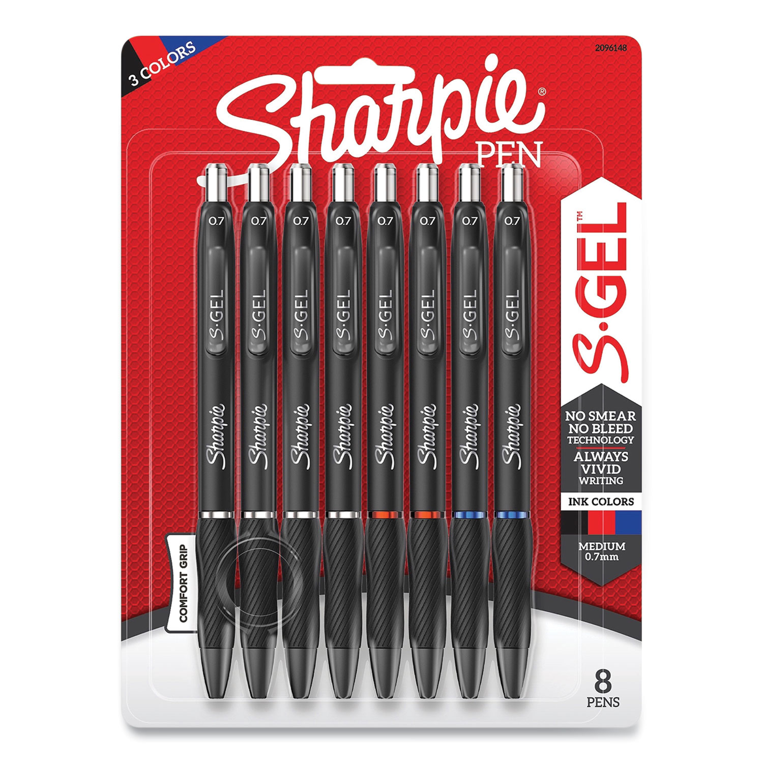 Sharpie® S-Gel™ S-Gel Retractable Gel Pen, Medium 0.7 mm, Assorted Ink, Black Barrel, 8/Pack