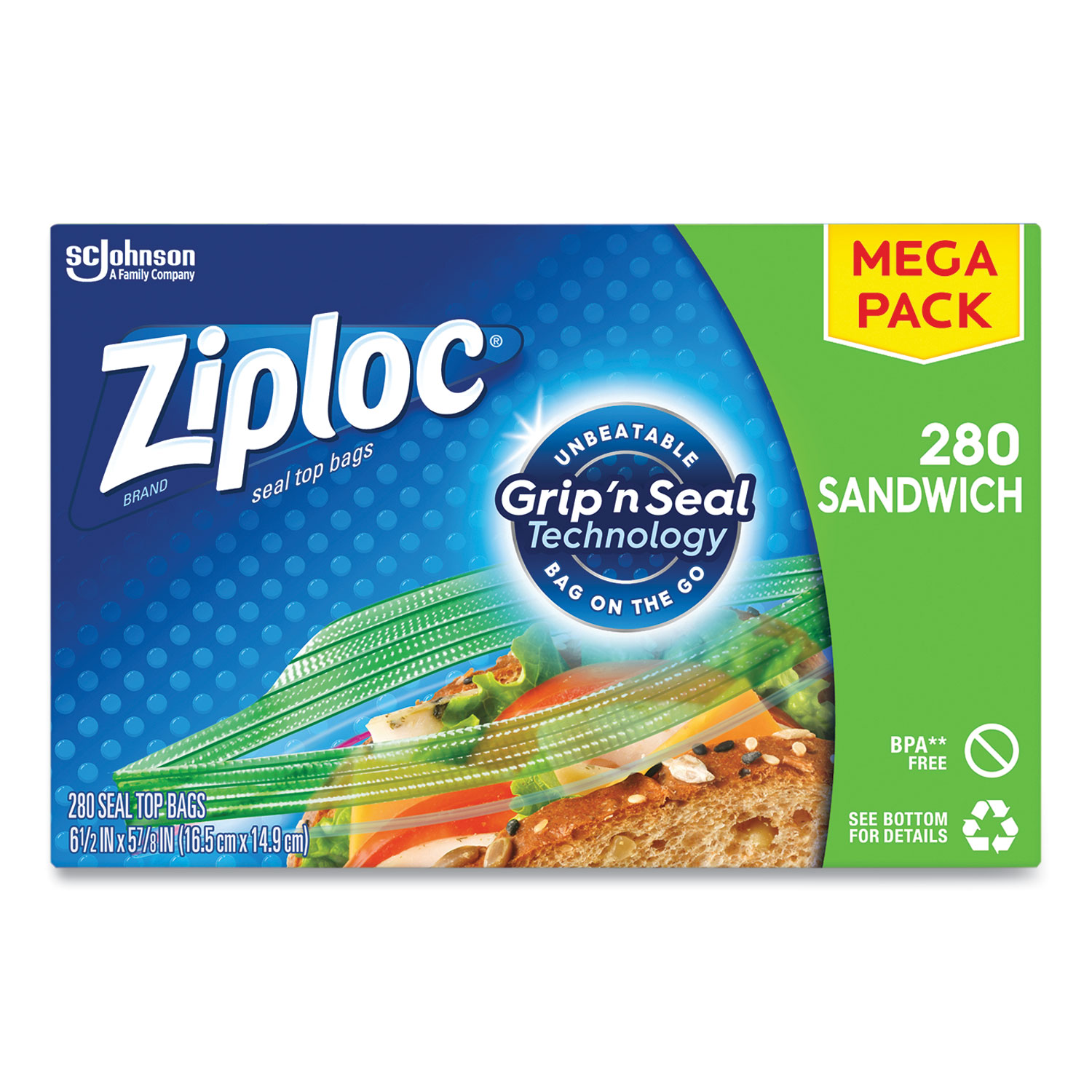 Ziploc® Sandwich Seal Top Bags, 6.5 x 5.88, Clear, 280/Box