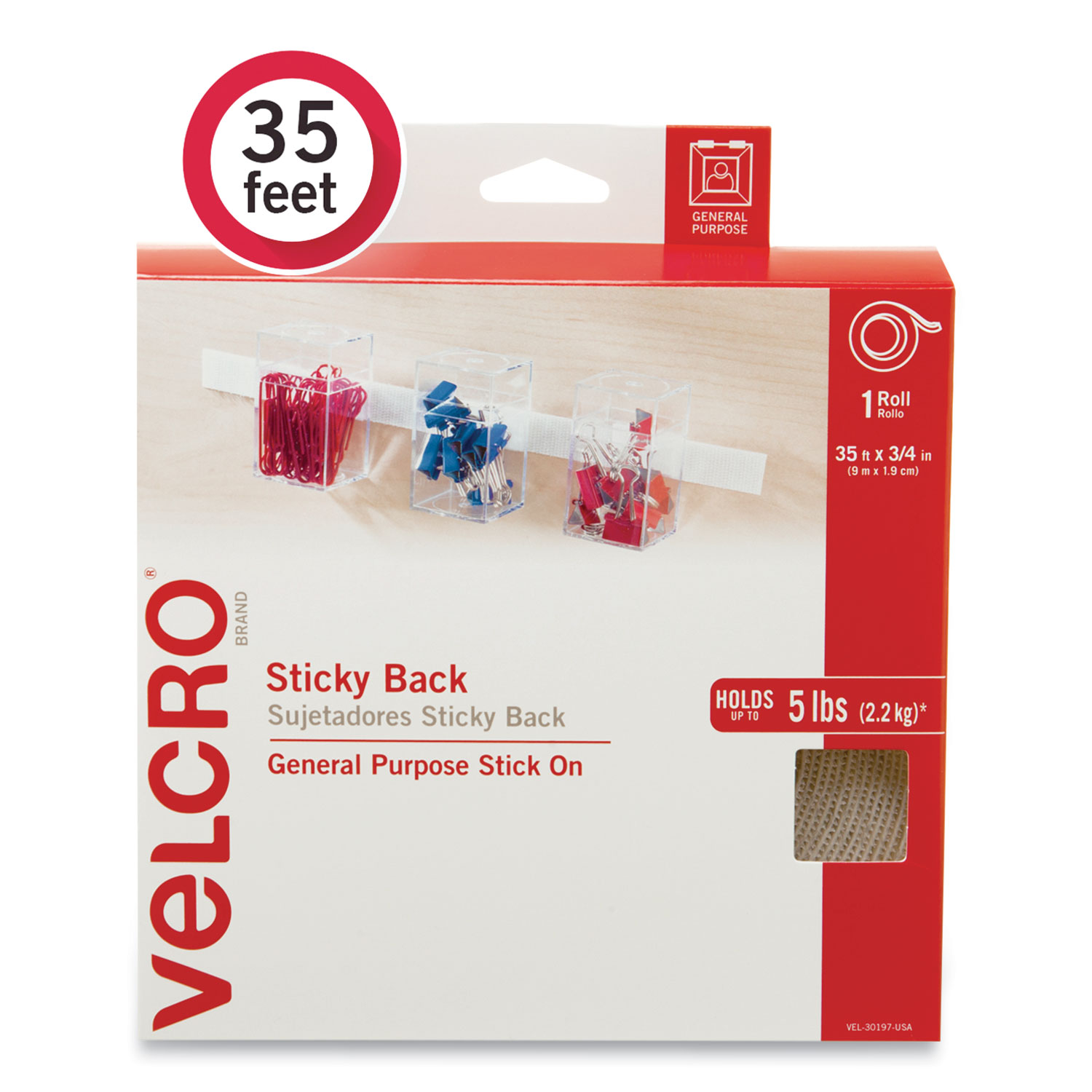 VELCRO® Brand Sticky-Back Fasteners, Removable Adhesive, 0.75 x 35 ft, White