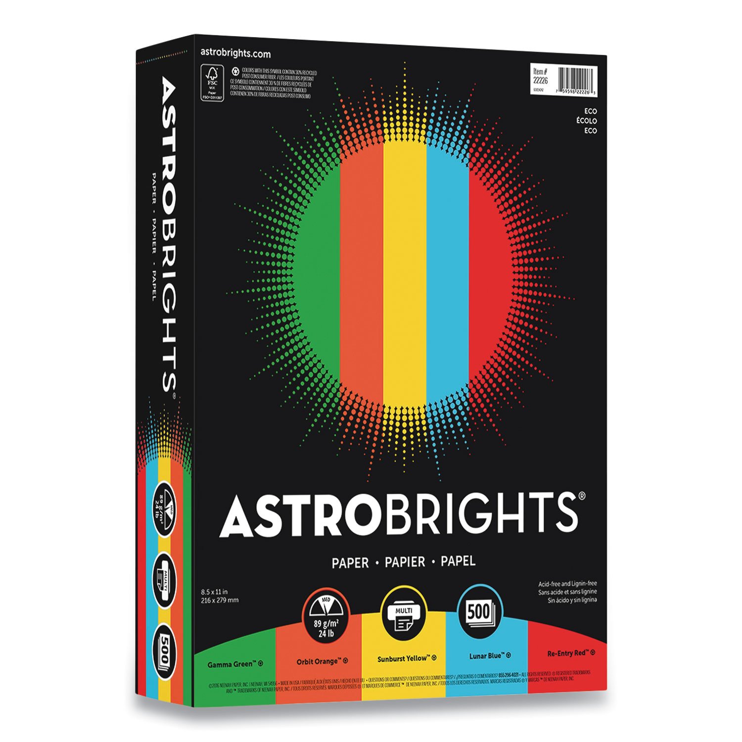 Astrobrights® Color Paper, 24 lb, 8.5 x 11, Assorted Eco Colors, 500 Sheets/Ream