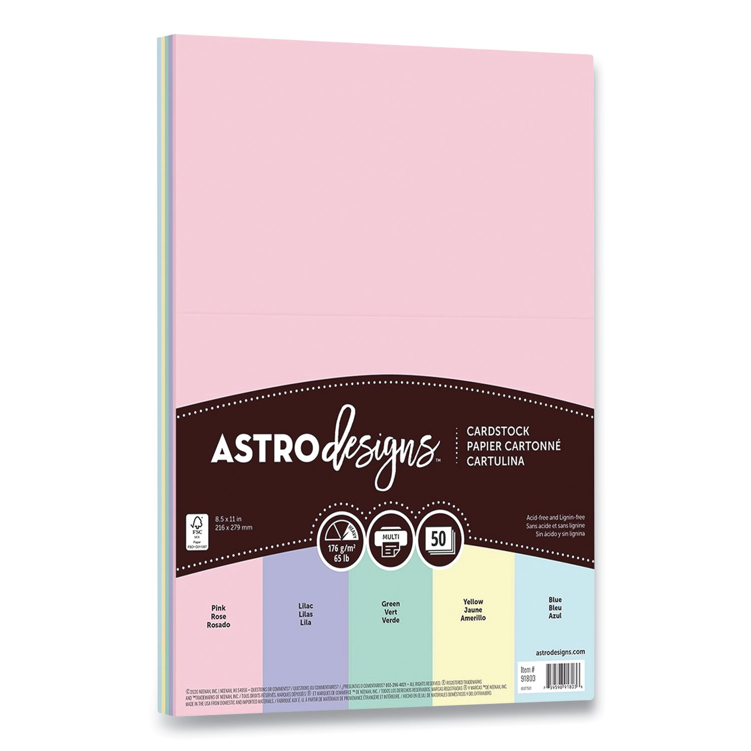  Astrobrights 91803 Color Cardstock, 65 lb, 8.5 x 11, Assorted Pastel Colors, 50/Pack (WAU24447816) 