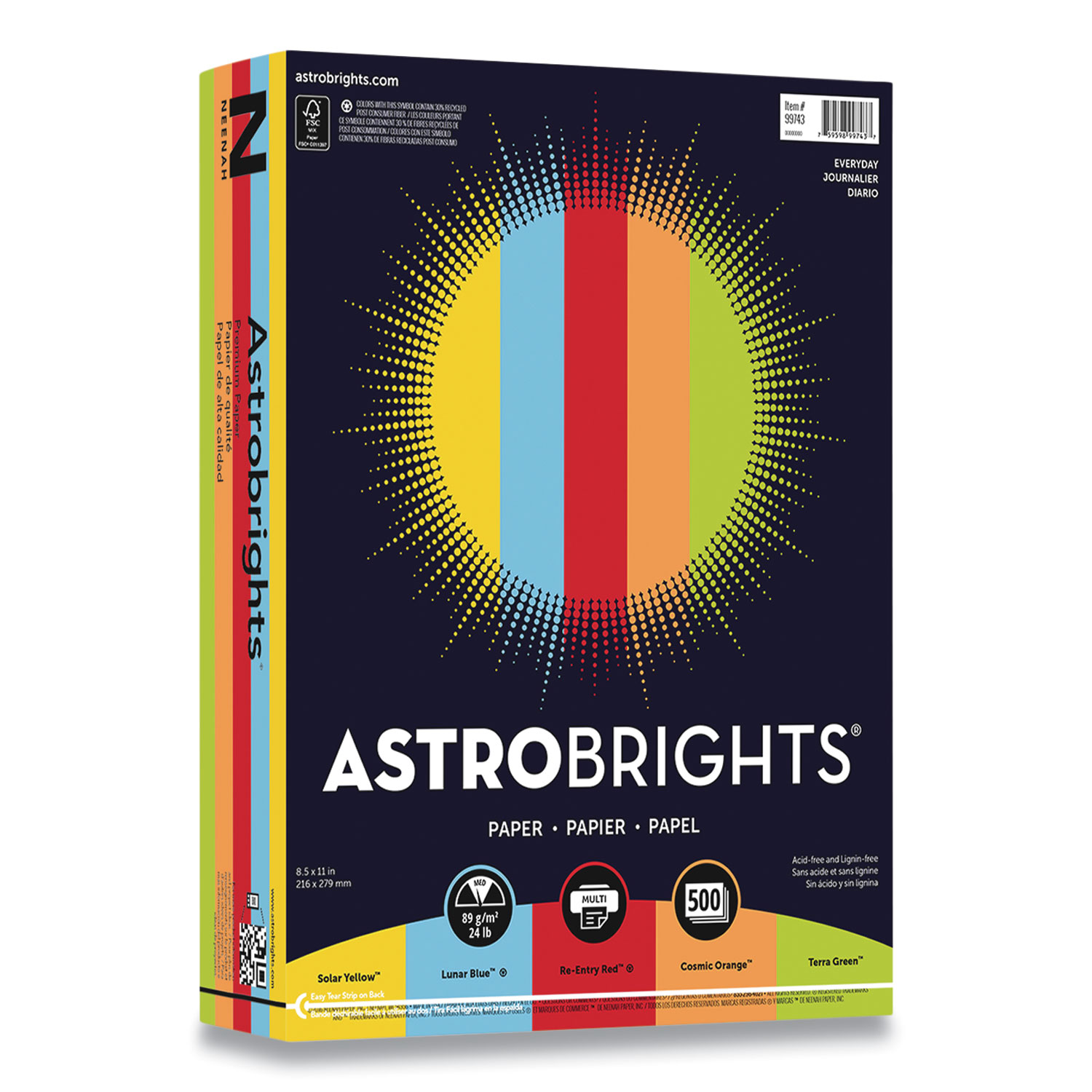  Astrobrights 99743-01 Color Paper, 24 lb, 8.5 x 11, Assorted Everyday Colors, 500/Ream (WAU24447819) 