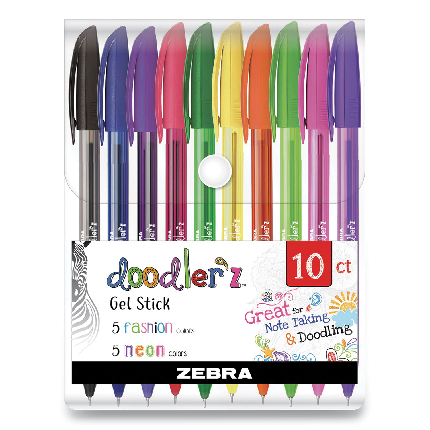 Zebra® Doodlerz Stick Gel Pen, Bold 1 mm, Assorted Ink, Assorted Barrels, 10/Pack