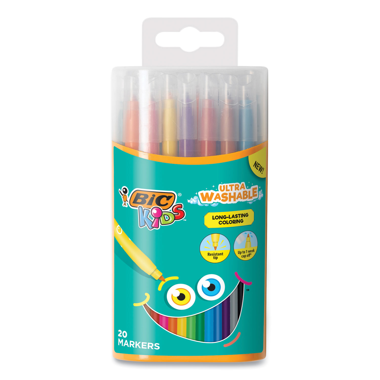 BIC® Kids Ultra Washable Markers in Plastic Tube, Medium Bullet Tip, Assorted Colors, 20/Pack