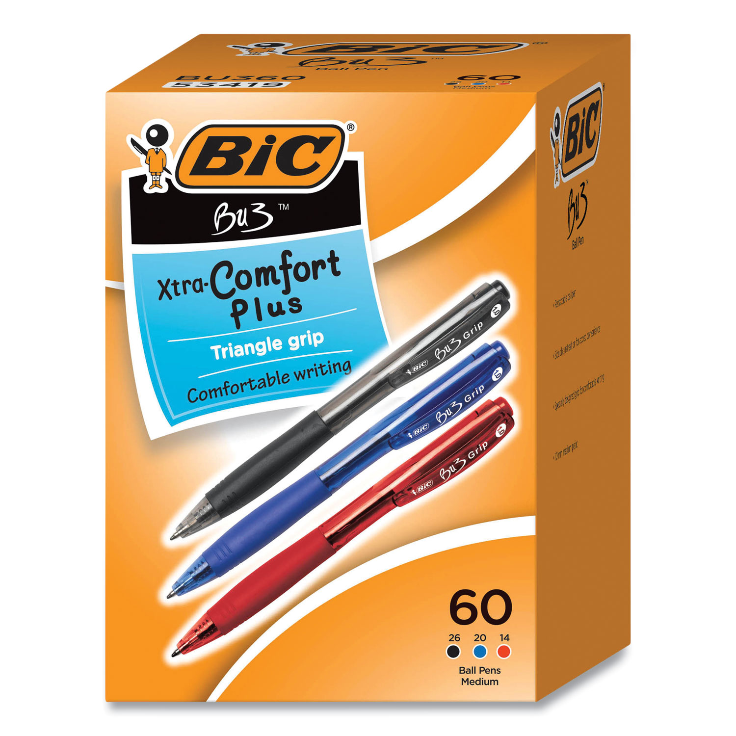  BIC BU360AST BU3 Retractable Ballpoint Pen, Medium 1 mm, Assorted Inks/Barrels, 60/Pack (BICBU360AST) 