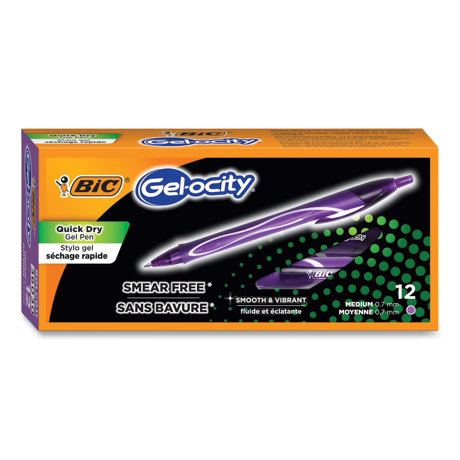 BIC® Gel-ocity Quick Dry Retractable Gel Pen, Medium 0.7 mm, Purple Ink/Barrel, Dozen