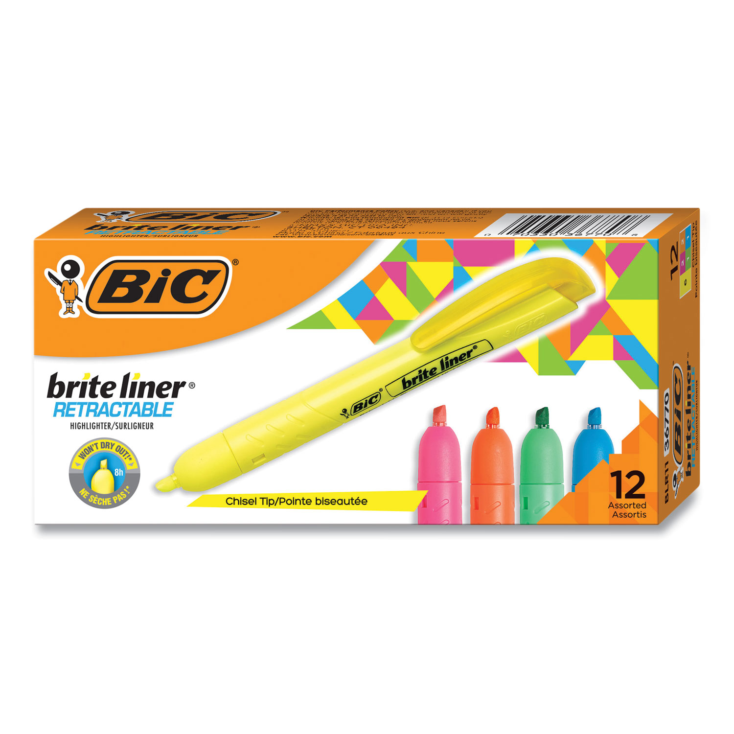 BIC® Brite Liner Retractable Highlighter, Chisel Tip, Assorted Colors, Dozen