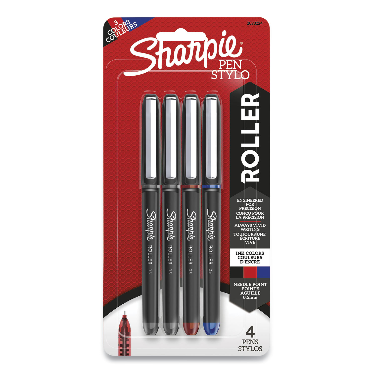 Sharpie® Roller Roller Ball Stick Pen, Fine 0.5 mm, Assorted Ink, Black Barrel, 4/Pack