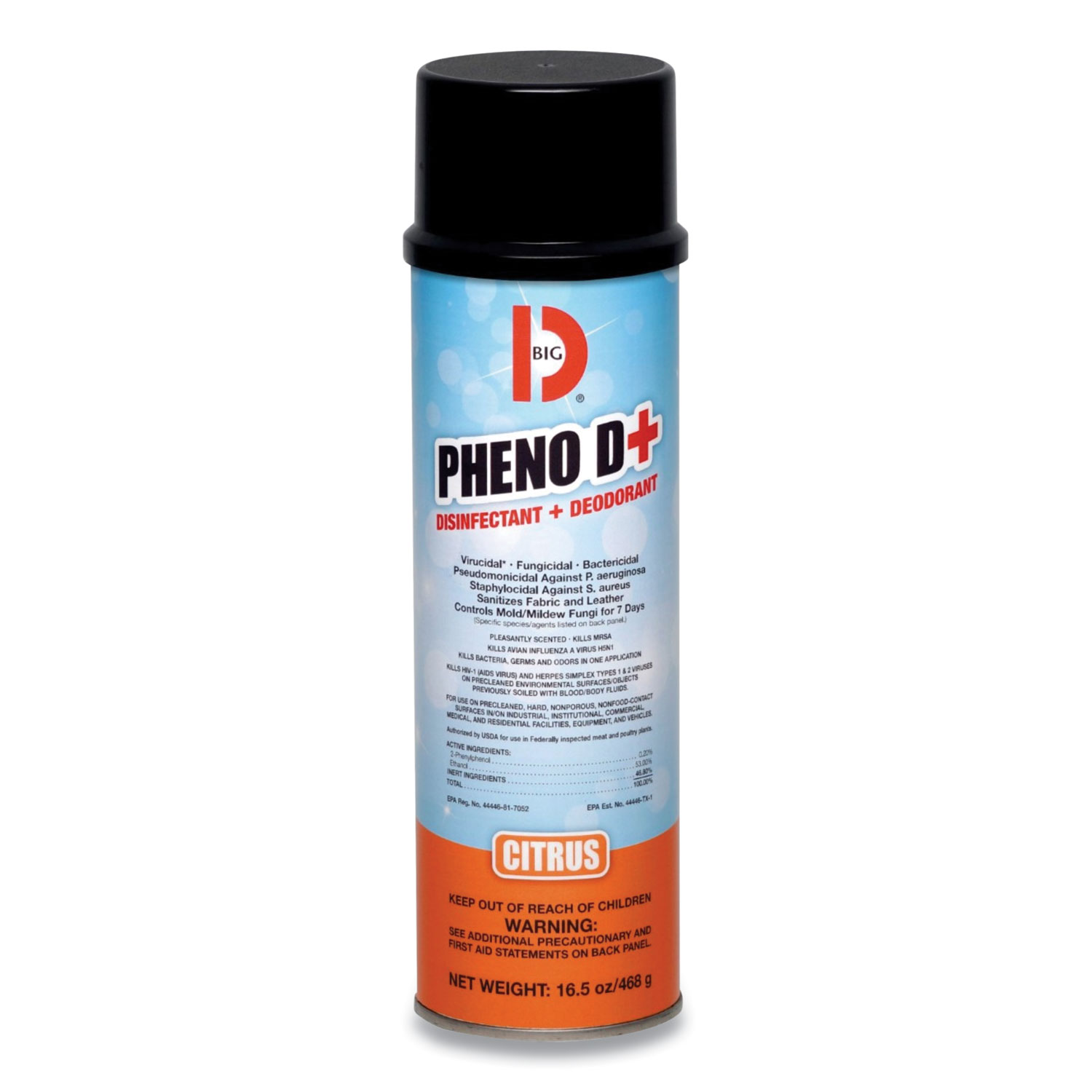 Big D Industries PHENO D+ Aerosol Disinfectant/Deodorizer, Citrus Scent, 16.5 oz Can, 12/Carton