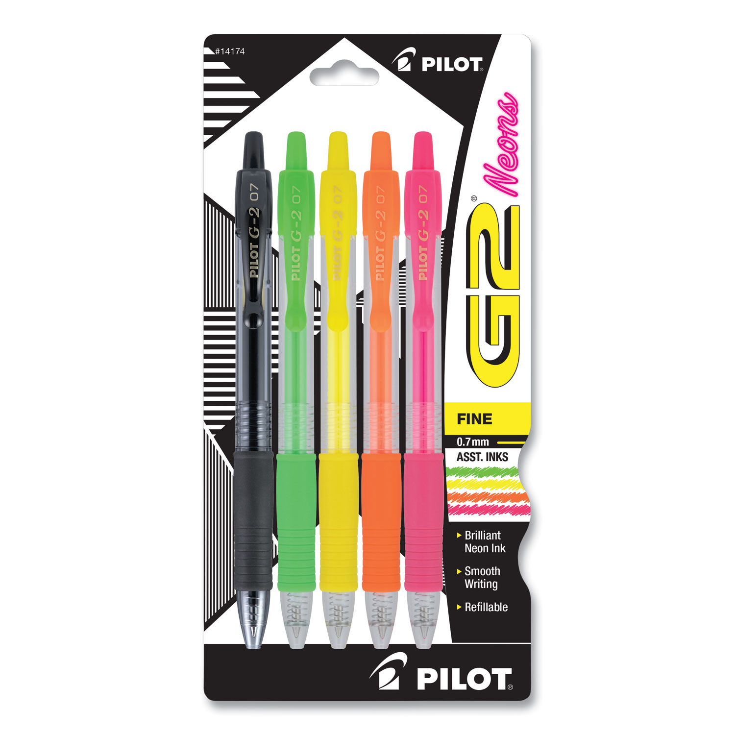 Pilot® G2 Neon Retractable Gel Pen, Fine 0.7 mm, Assorted Neon Ink/Barrel, 5/Pack