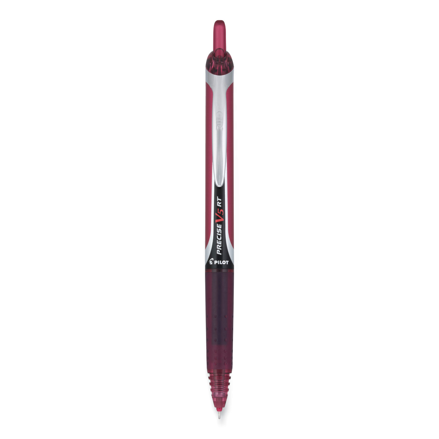 Pilot® Precise V5RT Retractable Roller Ball Pen, Extra-Fine 0.5 mm, Burgundy Ink, Burgundy/Silver Barrel, Dozen