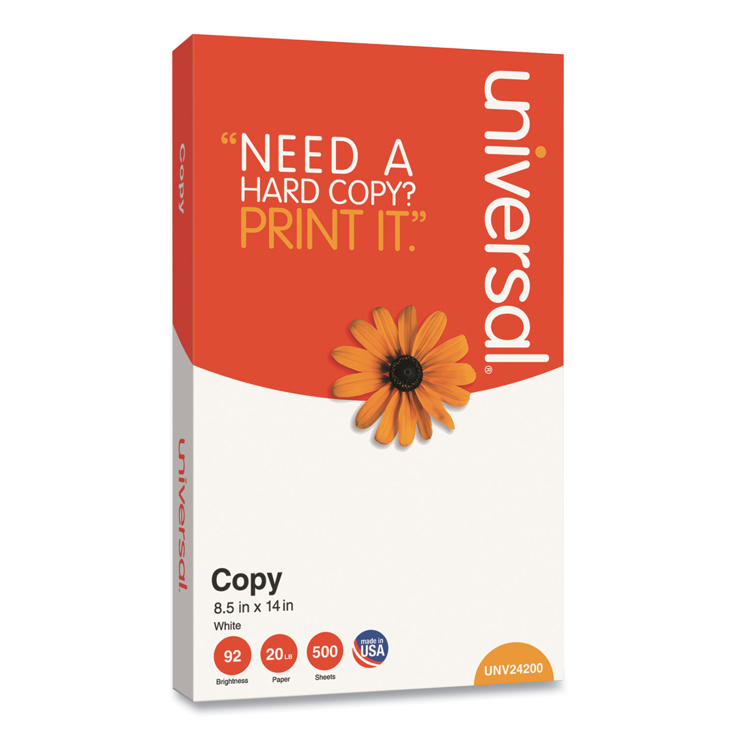 Universal® Copy Paper, 92 Bright, 20 lb, 8.5 x 14, White, 500 Sheets/Ream