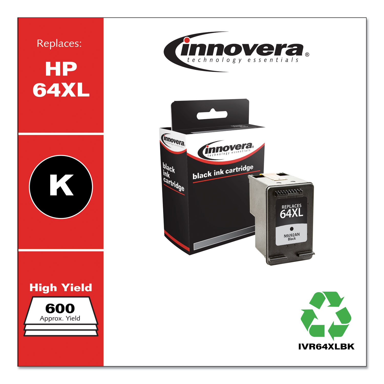 Innovera® Remanufactured Black High-Yield Ink, Replacement for HP 64XL (N9J92AN), 600 Page-Yield