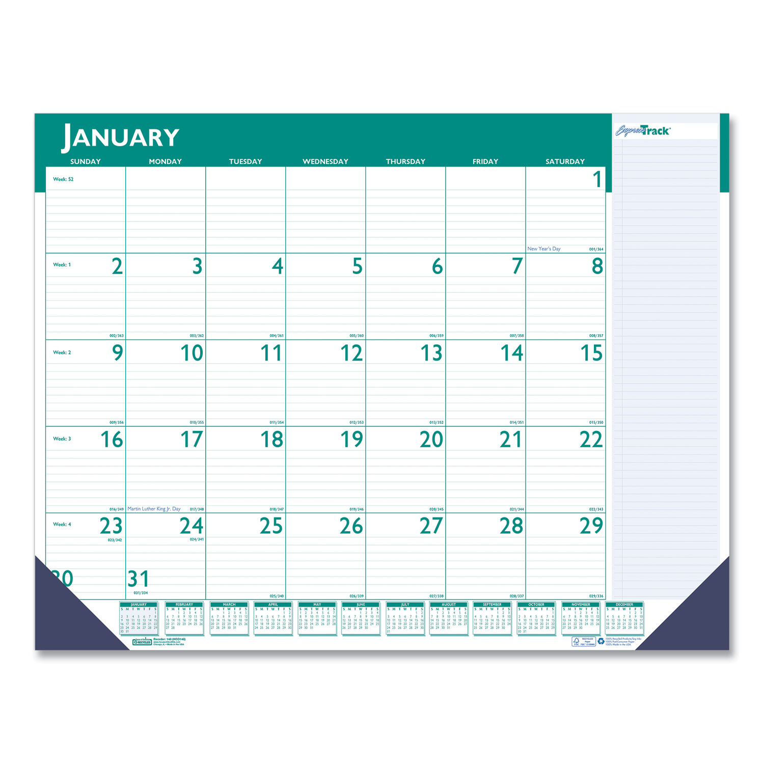 Express Track Monthly Desk Pad Calendar, 22 x 17, White/Teal Sheets, Teal Binding, Blue Corners 