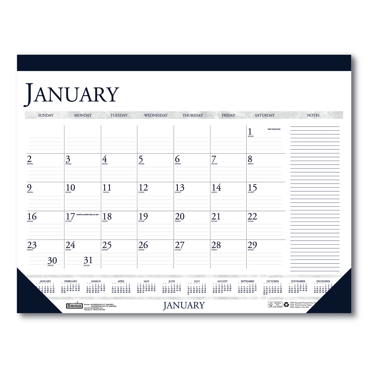 Recycled TwoColor Monthly Desk Pad Calendar with Notes Section, 22 x
