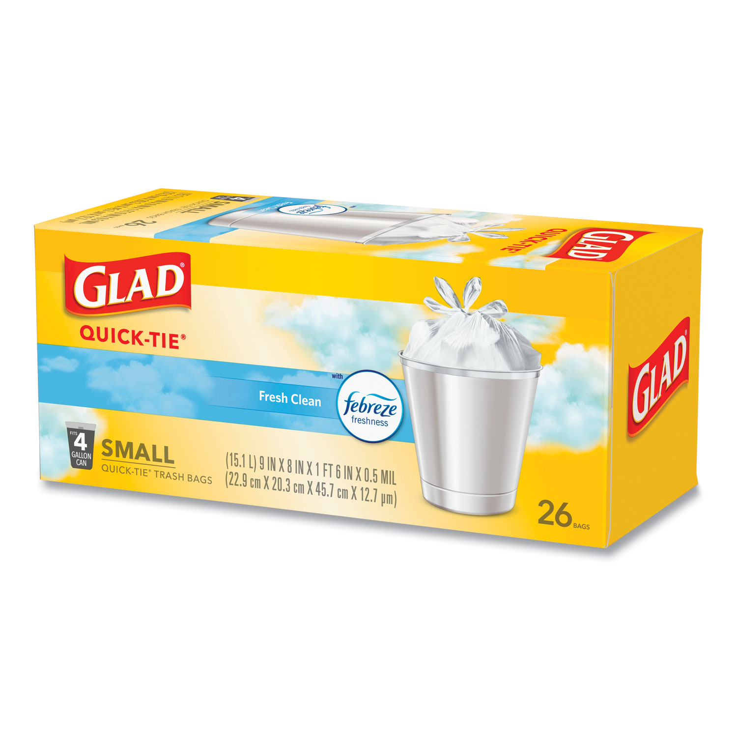 78812 Glad® OdorShield® Quick Tie Small Trash Bags. 0.5 mil. 4 gal. Fresh  Clean Scent. White. 6 boxes.