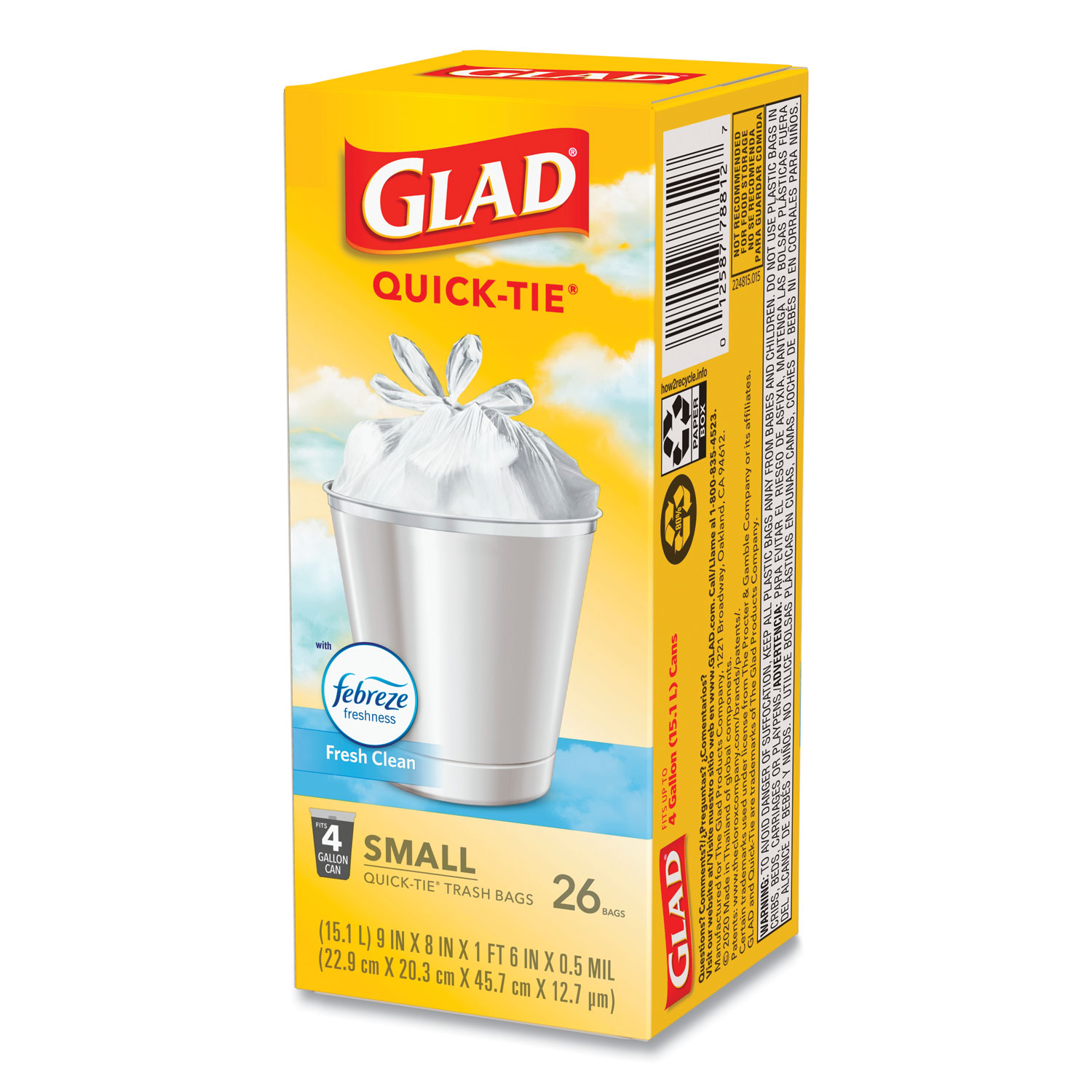 Glad Odorshield Quick-Tie Small Trash Bags, 4 Gal, 0.5 Mil, 8 X