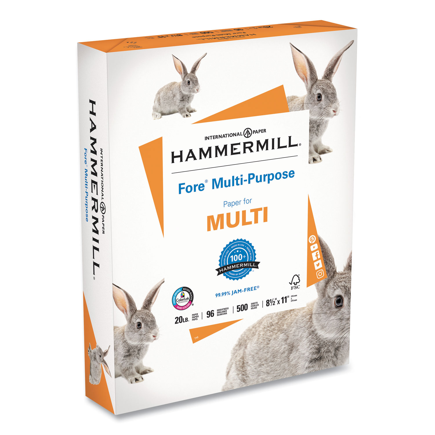Hammermill® Fore Multipurpose Print Paper, 96 Bright, 20 lb, 8.5 x 11, White, 500 Sheets/Ream