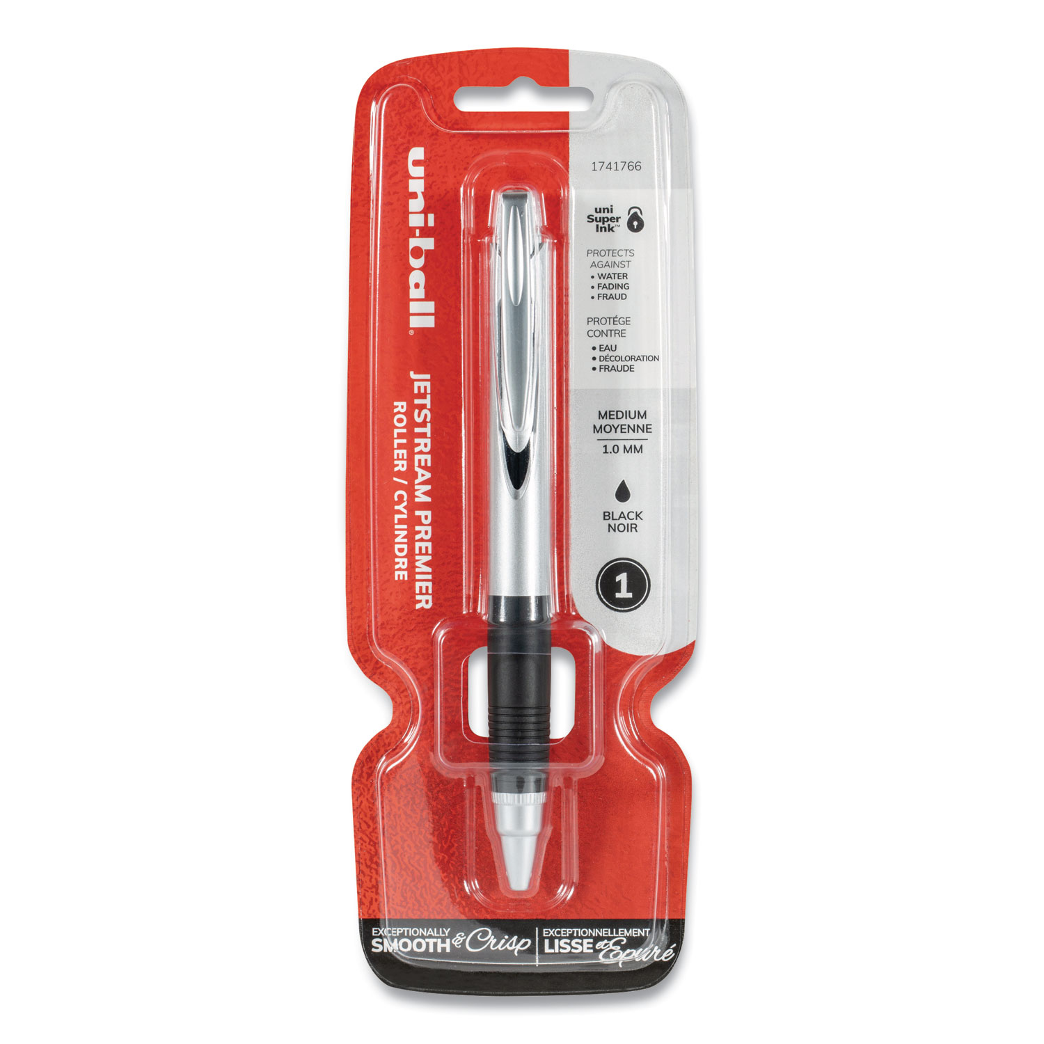 uni-ball® Jetstream Premier Retractable Roller Ball Pen, 1 mm, Black Ink, Silver Barrel