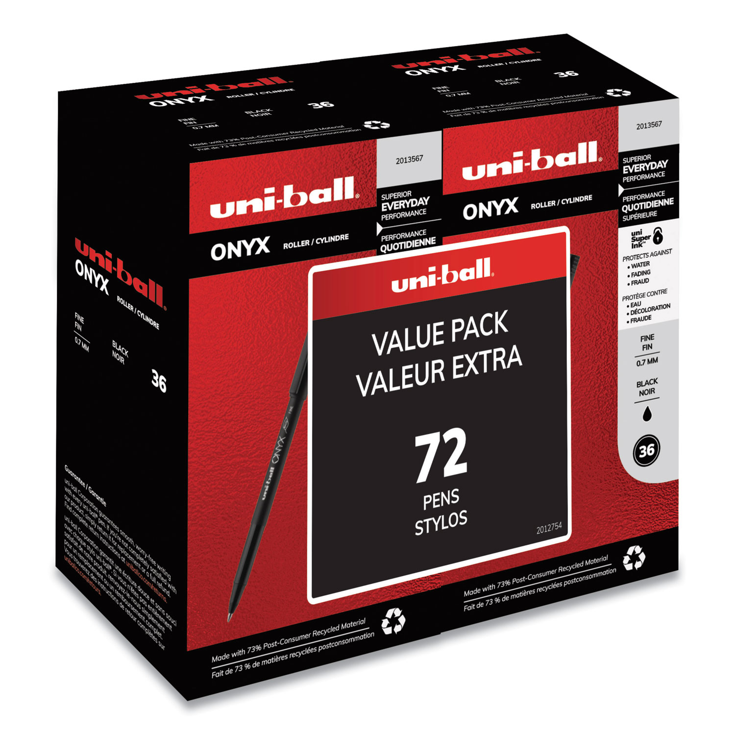 uni-ball® ONYX Stick Roller Ball Pen, Fine 0.7 mm, Black Ink, Black Matte Barrel, 72/Pack
