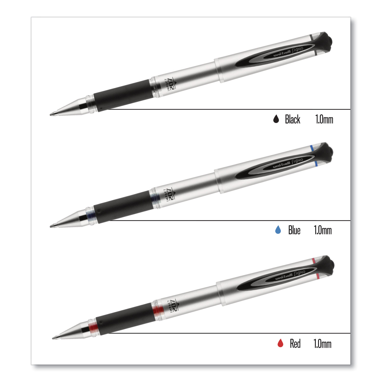 Uniball Signo 207 Impact Stick Gel Pen, 12 Black Pens, 1.0Mm Bold