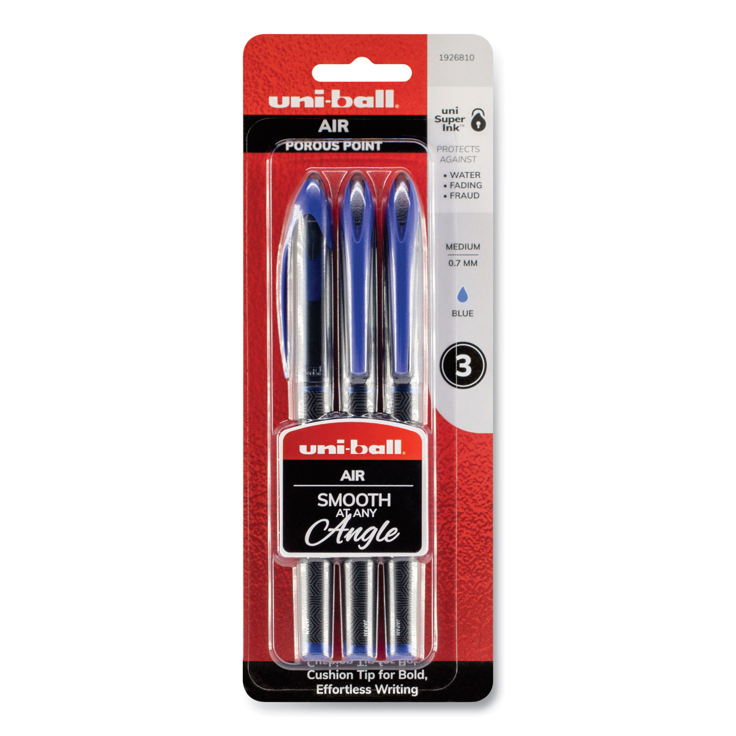 uni-ball® AIR Porous Rollerball Pen, Medium 0.7 mm, Blue Ink, Black/Blue Barrel, 3/Pack
