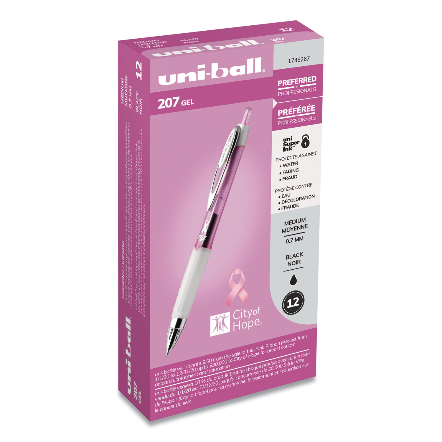 uniball Signo 207 City of Hope Edition Gel Pen, Retractable, Bold 1 mm,  Black Ink, Translucent Pink/Translucent White Barrel, Dozen