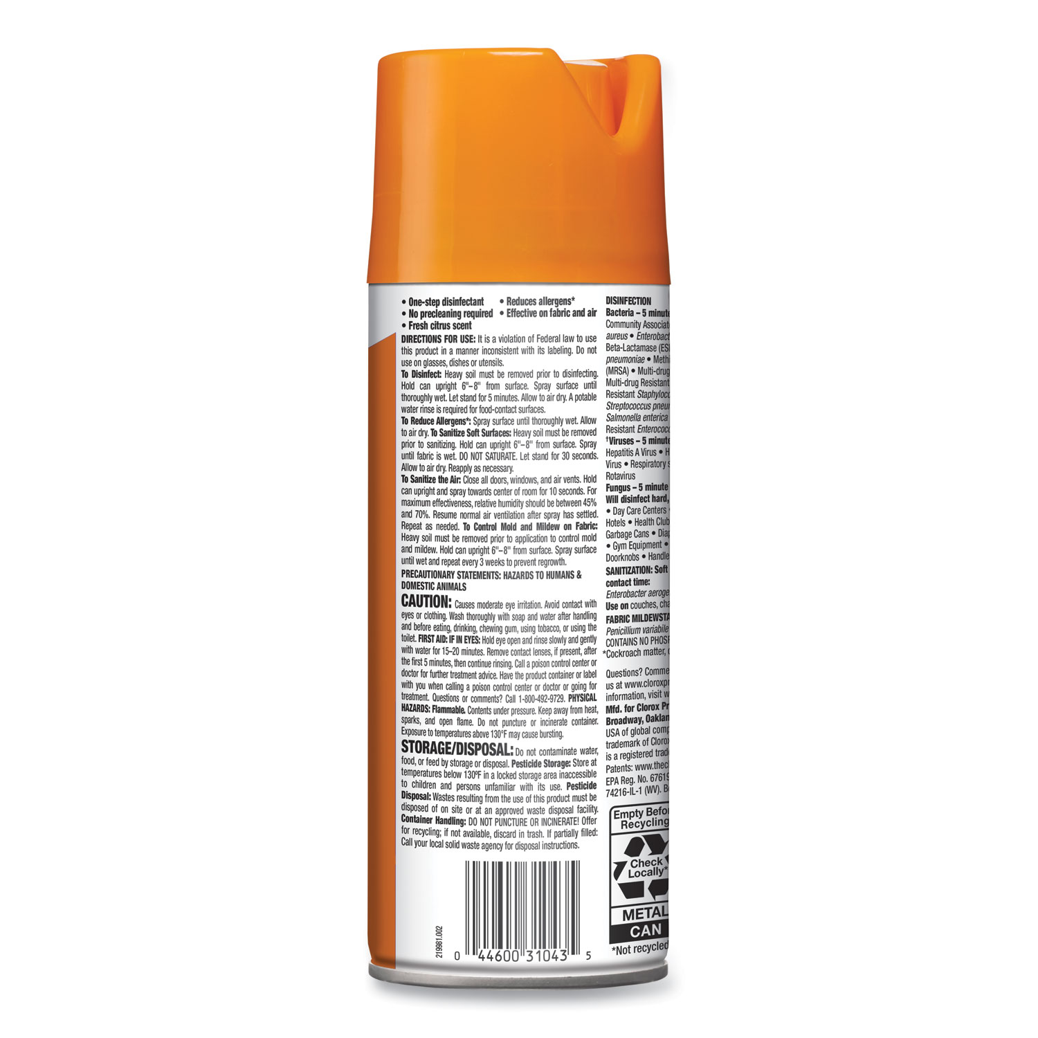 Clorox® 4 In One Disinfectant And Sanitizer Citrus 14 Oz Aerosol Spray 12carton J And P 8429