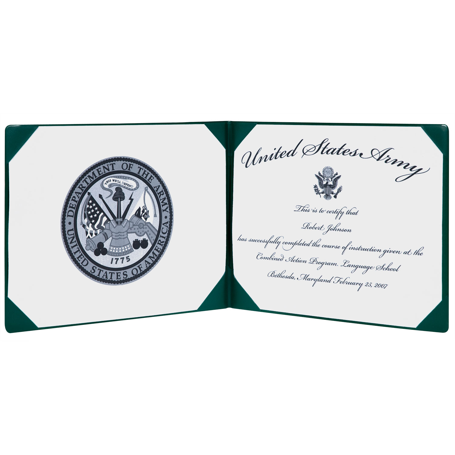 7510007557077 SKILCRAFT Award Certificate Holder, 8.5 x 11, Army Seal,  Green/Gold - ASE Direct