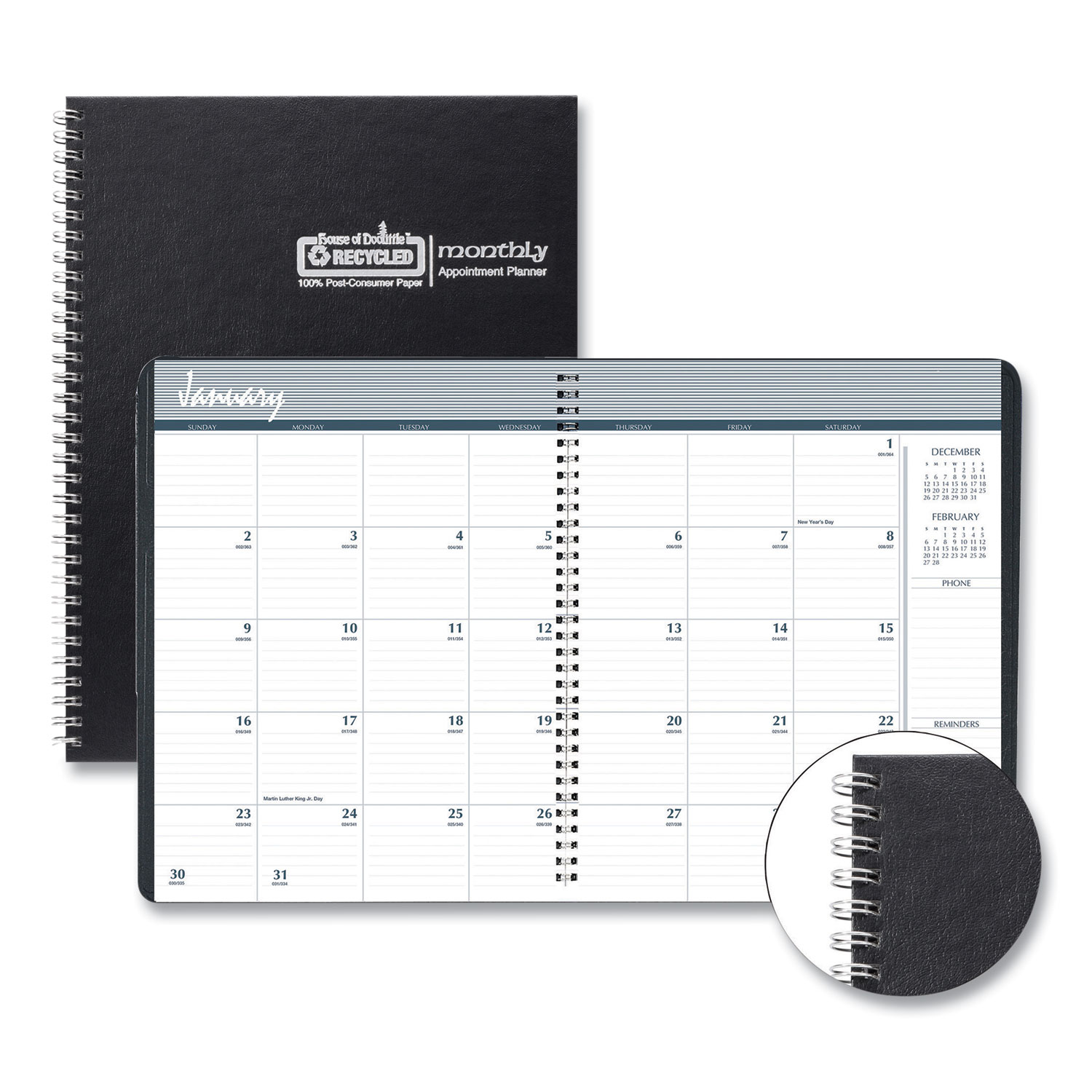 Monthly Hard Cover Planner, 11 x 8.5, Black Cover, 14Month (Dec to Jan