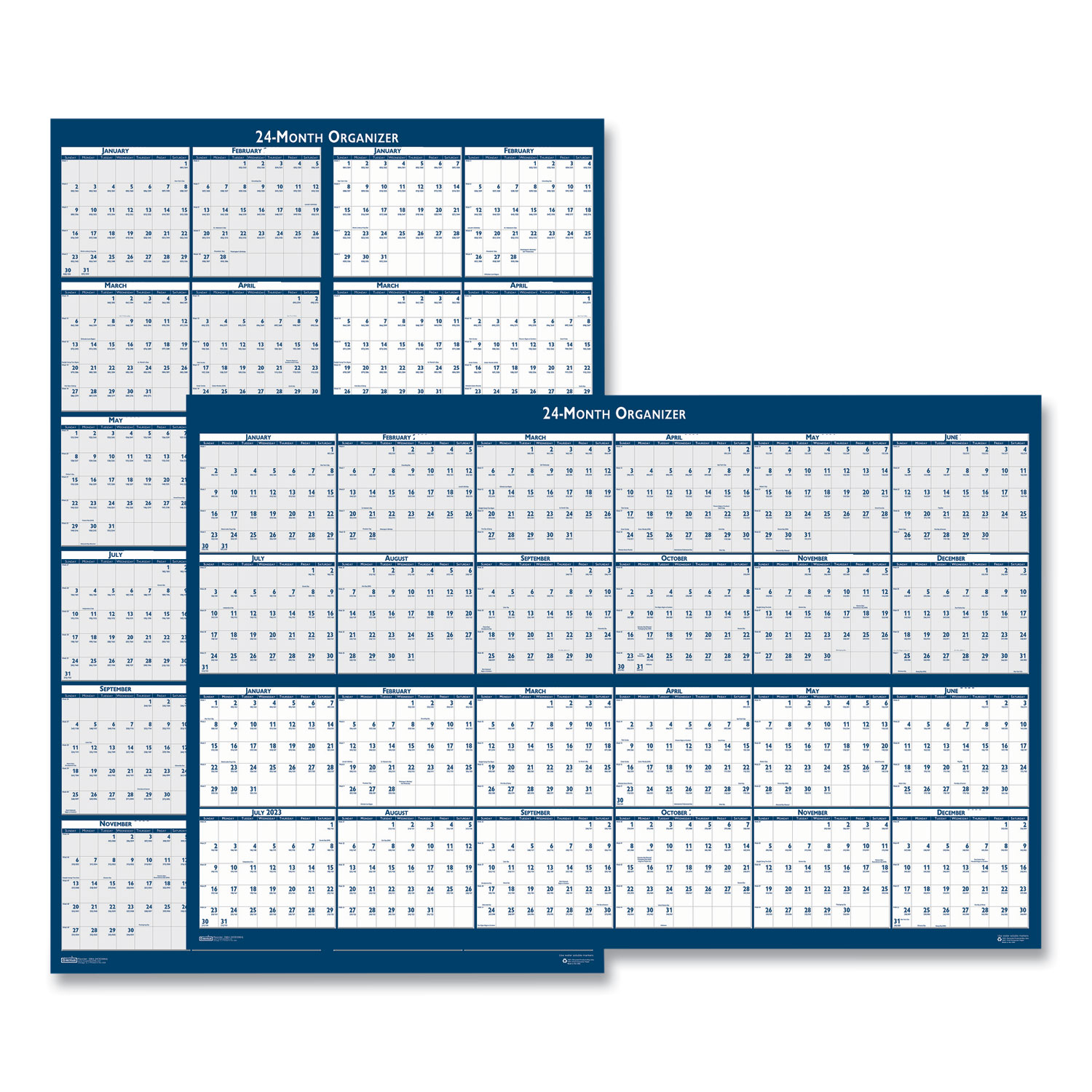 Reversible/Erasable Two Year Wall Calendar, 24 x 37, Blue, 20222023