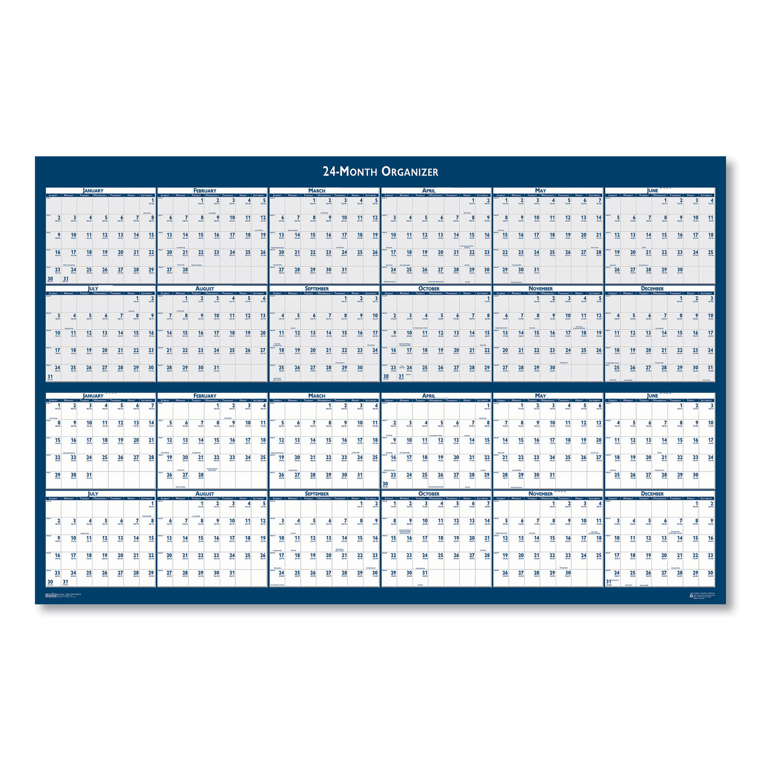 Reversible/Erasable 2 Year Wall Calendar, 24 x 37, Light Blue/Blue