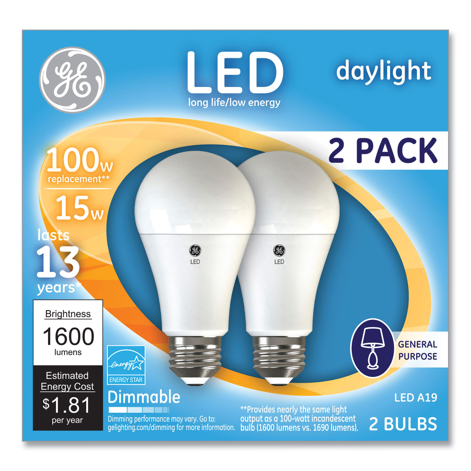 GE 100W LED Bulbs, 15 W, A19, Daylight, 2/Pack