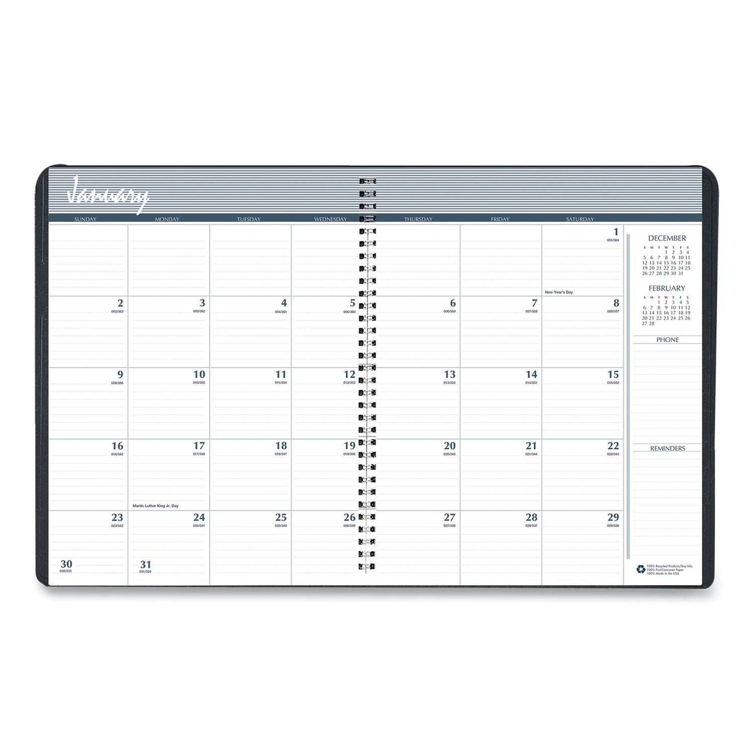 24Month Recycled Ruled Monthly Planner, 11 x 8.5, Black Cover, 24