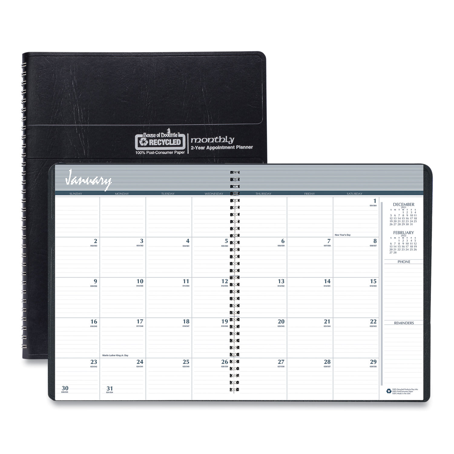 24Month Recycled Ruled Monthly Planner, 11 x 8.5, Black Cover, 24