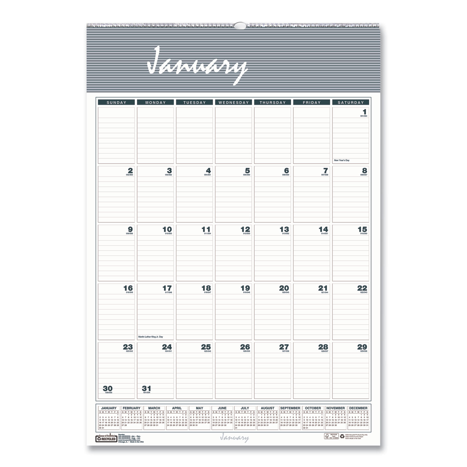 Bar Harbor Recycled Wirebound Monthly Wall Calendar, 22 x 31.25, White