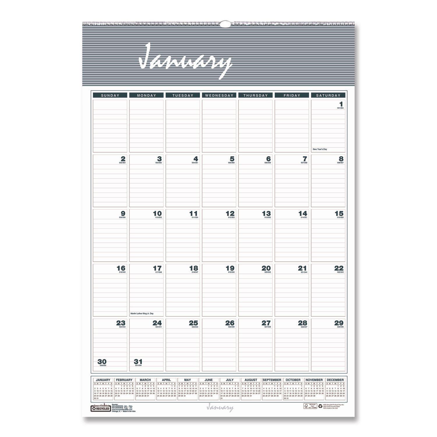 Bar Harbor Recycled Wirebound Monthly Wall Calendar, 8.5 x 11,  White/Blue/Gray Sheets, 12-Month (Jan-Dec): 2023 - Supply Solutions