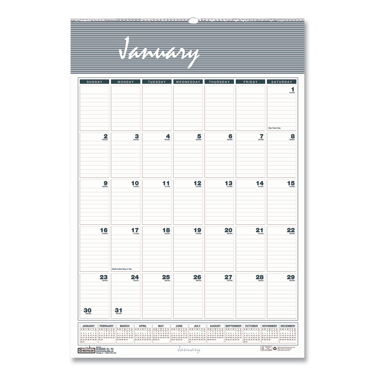 Bar Harbor Recycled Wirebound Monthly Wall Calendar, 8.5 x 11, White