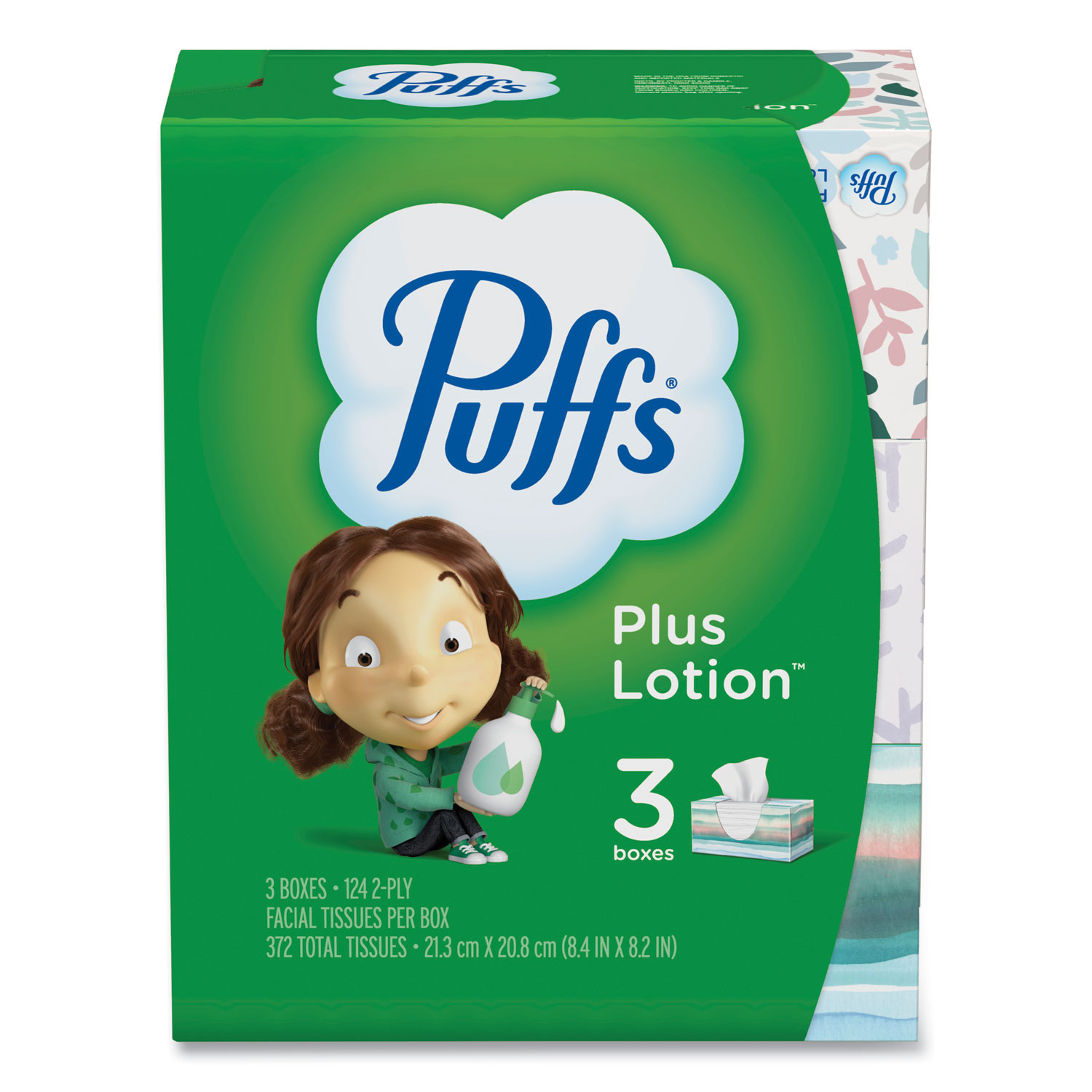Puffs® Plus Lotion Facial Tissue, White, 2-Ply, 124/Box, 3 Box/Pack, 8 Packs/Carton