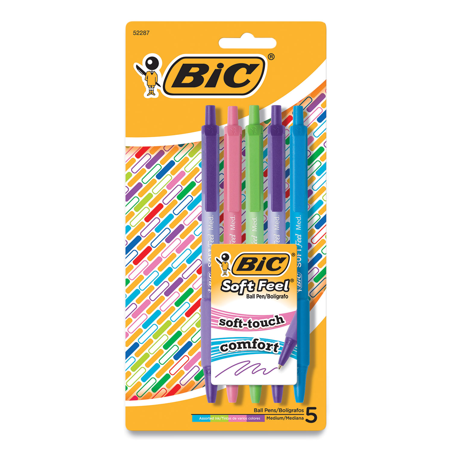 BIC® Soft Feel Retractable Ballpoint Pen, Medium 1 mm, Assorted Ink/Barrel, 5/Pack