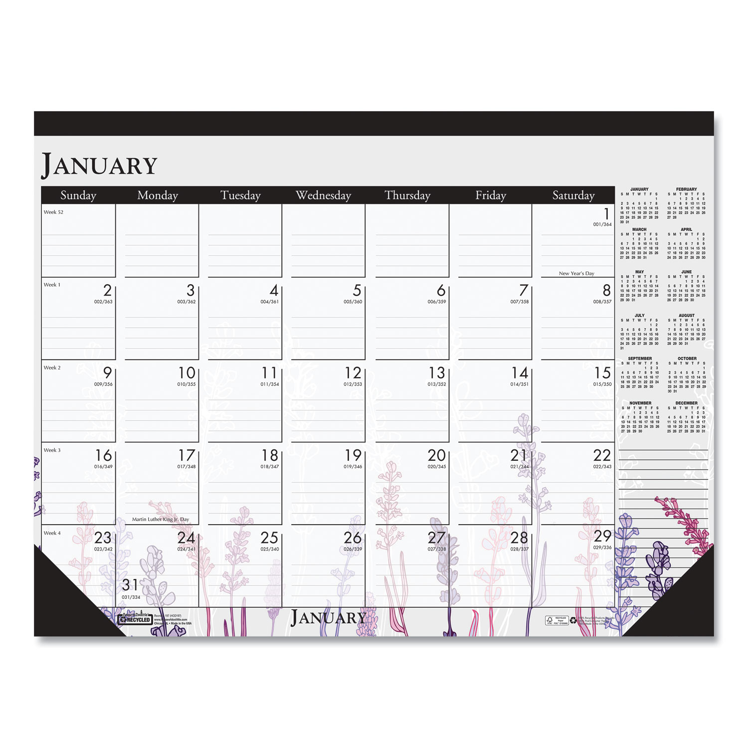 Recycled Desk Pad Calendar, Wild Flowers Artwork, 22 x 17, White Sheets, Black Binding/Corners,12-Month (Jan-Dec): 2025