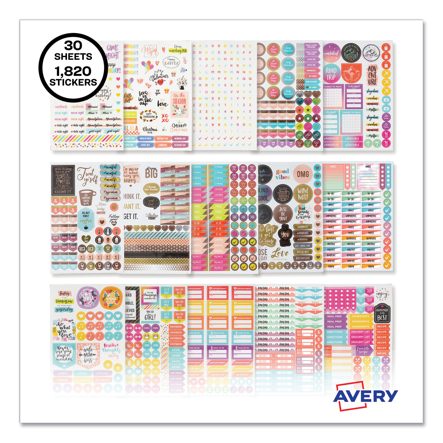 Planner Sticker Variety Pack for Moms, Budget, Family, Fitness, Holiday,  Work, Assorted Colors, 1,820/Pack - Zerbee